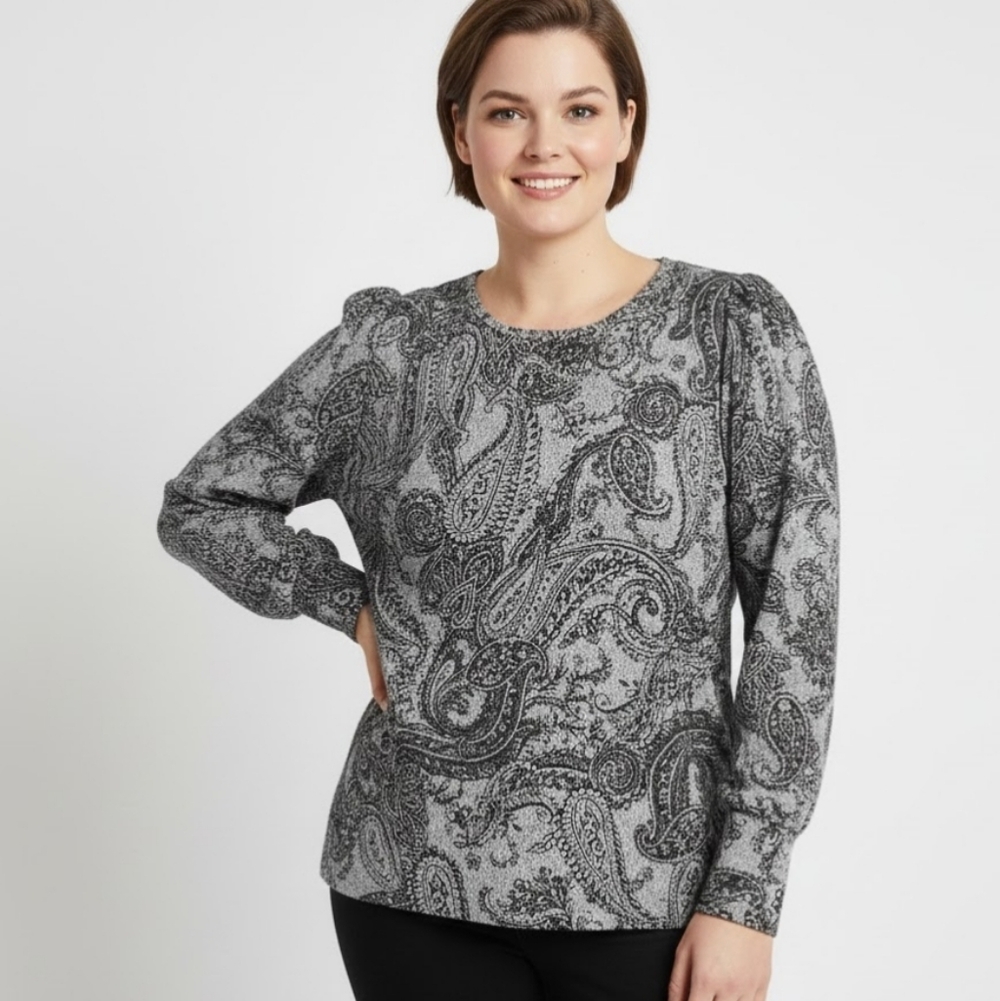 JONES NEW YORK‎ Women's Paisley Embellished Top Grey Black Long Sleeve Large NWT